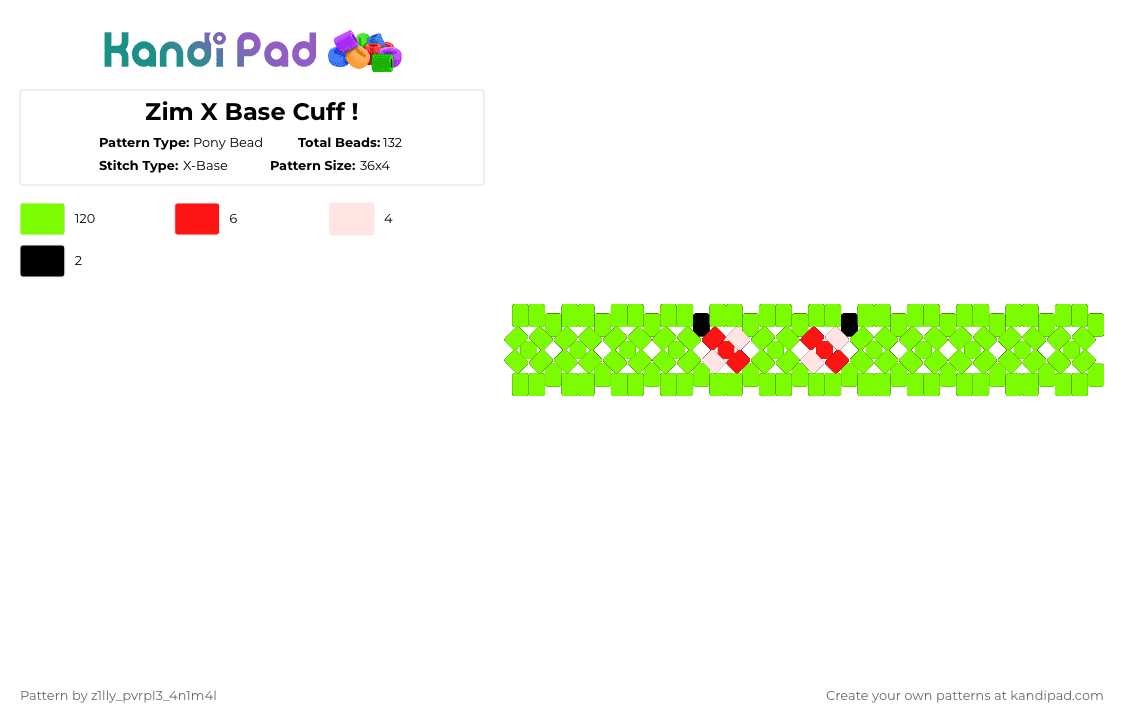 Zim X Base Cuff ! - Pony Bead Pattern by pizookie on Kandi Pad - green,zim,scene,scene kid,scenemo,emo,x base,invader zim