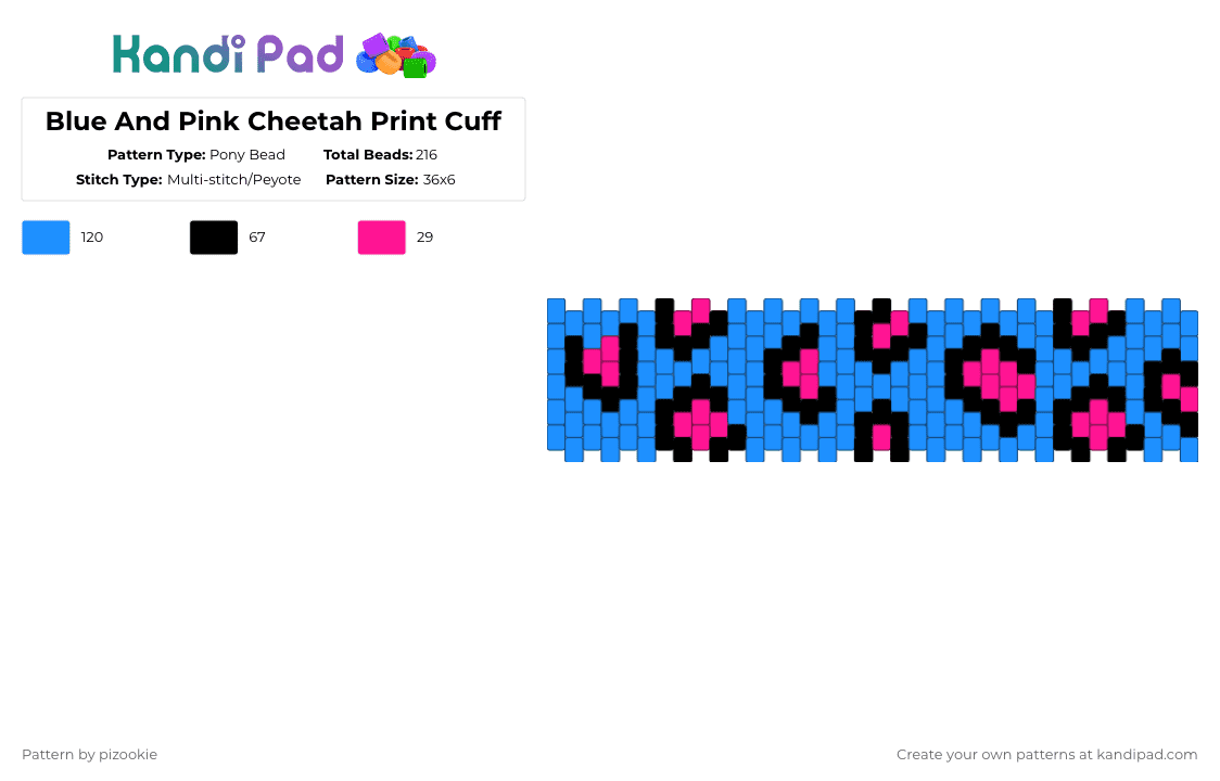 Blue And Pink Cheetah Print Cuff - Pony Bead Pattern by pizookie on Kandi Pad - light blue,pink,blue,multistitch,cheetah,leopard,scene,emo,scene kid
