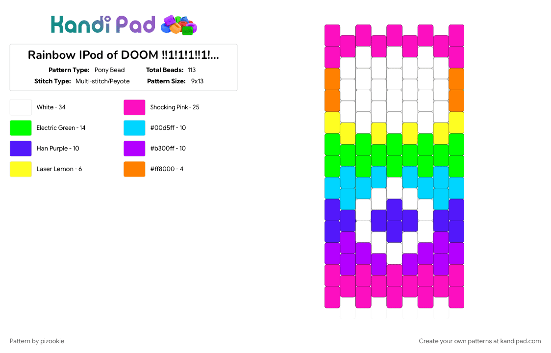 Rainbow IPod of DOOM !!1!1!1!!1!1!1!1!1!1!!1!1! xD - Pony Bead Pattern by pizookie on Kandi Pad - 2000s, colorful, cotdheadphones, emo, green, music, pink, purple, scene, scene kid, scenecore