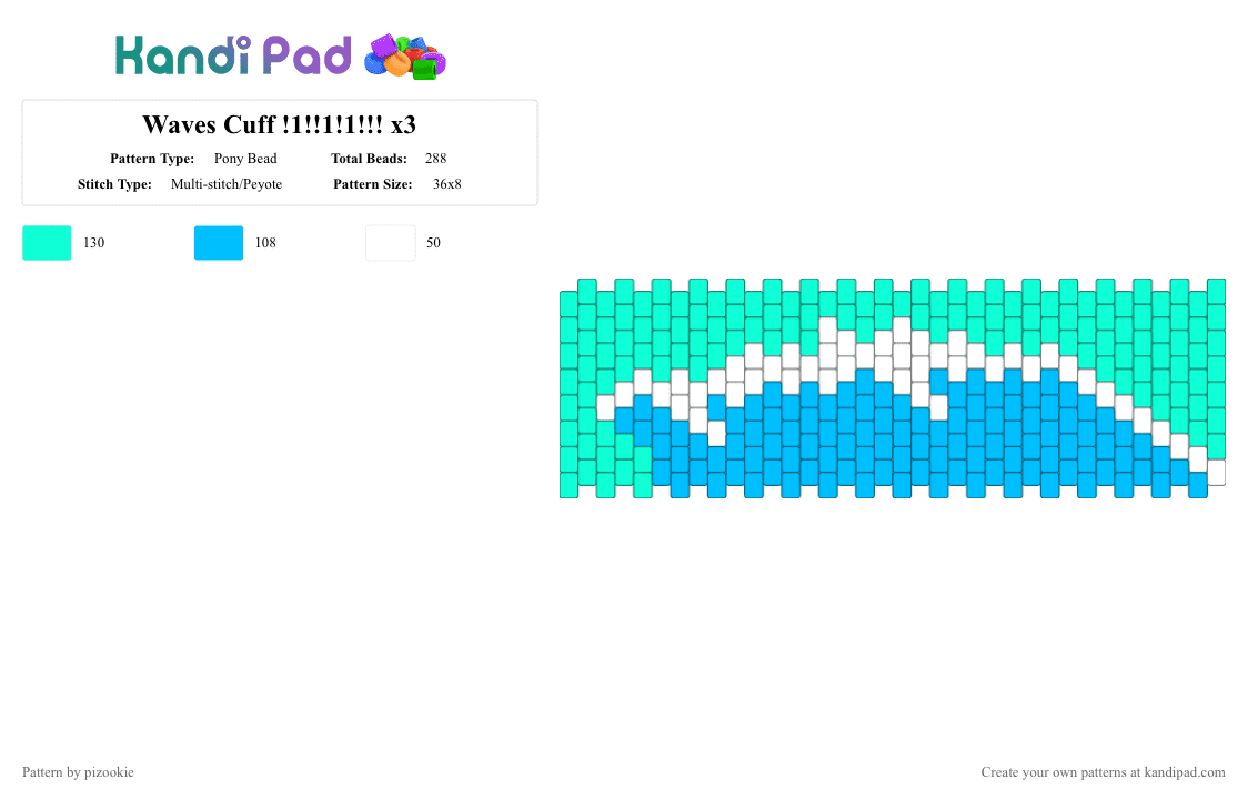 Waves Cuff !1!!1!1!!! x3 - Pony Bead Pattern by pizookie on Kandi Pad - teal,light blue,cotdbeaches,beaches,wave,waves,blue,water,beach,summer