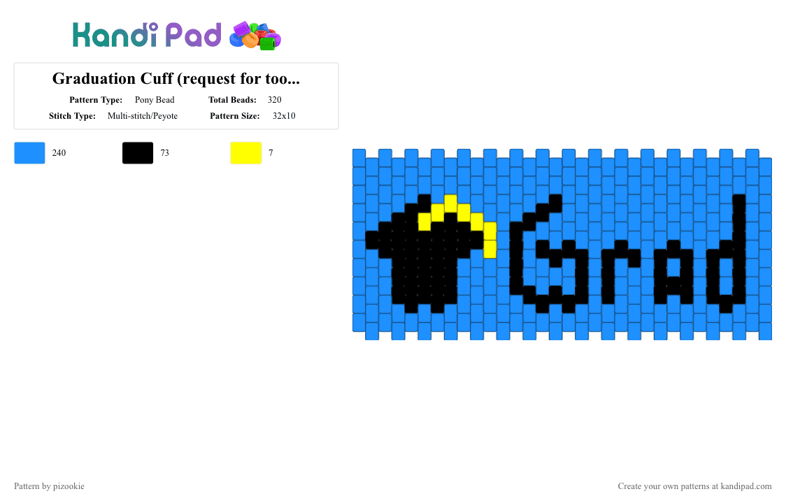 Graduation Cuff (request for tooni_macarooni) - Pony Bead Pattern by pizookie on Kandi Pad - light blue,graduation,blue,multistitch,grad,school,black,education,yellow