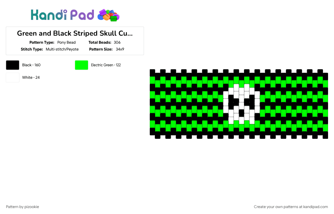 Green and Black Striped Skull Cuff !! ^_^ - Pony Bead Pattern by pizookie on Kandi Pad - alt, creepy, emo, green, scene, scene kid, scenecore, spooky