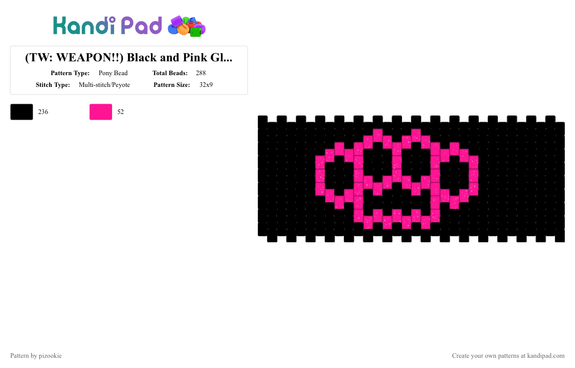 (TW: WEAPON!!) Black and Pink Glitter Brass Knuckle Cuff !!!!111!!!! - Pony Bead Pattern by pizookie on Kandi Pad - 2000s, black, emo, glitter, myspace, scene, scene kid, scene queen, scenecore