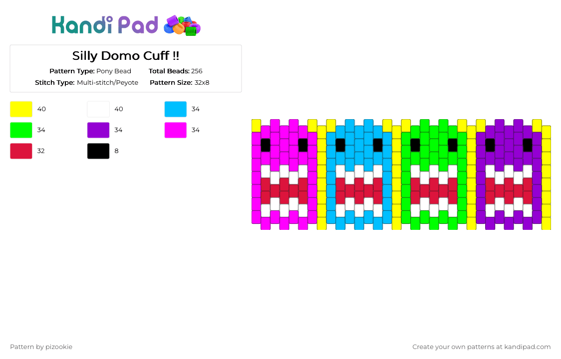 Silly Domo Cuff !! - Pony Bead Pattern by pizookie on Kandi Pad - light blue,red,pink,colorful,domo,rainbow,yellow,scene,emo,scenecore,scene kid,multistitch