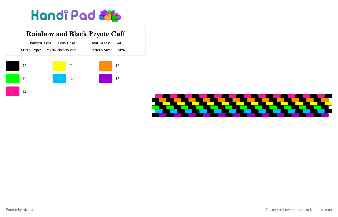 Rainbow and Black Peyote Cuff - Pony Bead Pattern by pizookie on Kandi Pad - black,orange,light blue,pink,colorful,rainbow,peyote stitch,scene,scenecore,scene kid,emo