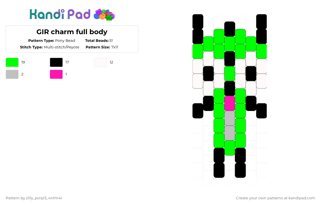 GIR charm full body - Pony Bead Pattern by pizookie on Kandi Pad - green,gir,zim,invader zim,scene,scenemo,emo,jhonen vasquez,dog