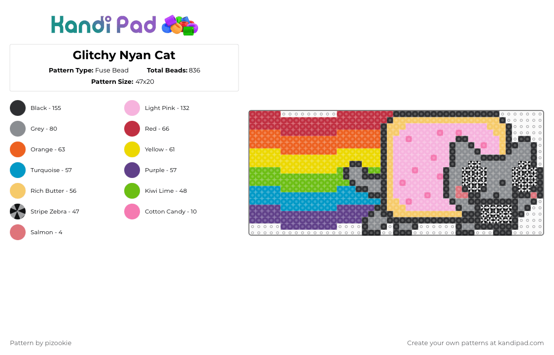 Glitchy Nyan Cat - Fuse Bead Pattern by pizookie on Kandi Pad - gray,red,pink,yellow,nyan cat,glitchcore,cat,rainbow,scene,emo,cutegore,meme