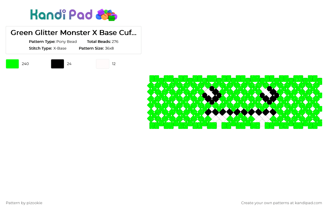 Green Glitter Monster X Base Cuff !! - Pony Bead Pattern by pizookie on Kandi Pad - green,glitter,monster,cute,scene,scenecore,emo,scene kid