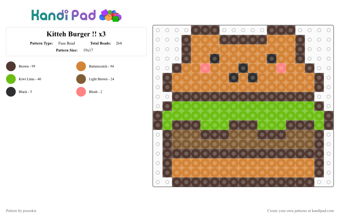 Kitteh Burger !! x3 - Fuse Bead Pattern by pizookie on Kandi Pad - brown, burger, cat, cotddiner, cute, diner, food, kawaii, kitty, orange