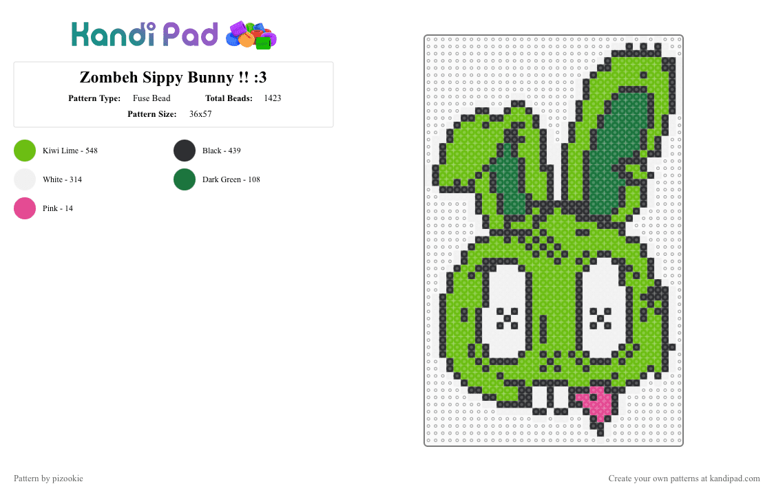 Zombeh Sippy Bunny !! :3 - Fuse Bead Pattern by pizookie on Kandi Pad - green,bunny,zombie,edm,music,spooky,dj,trippy