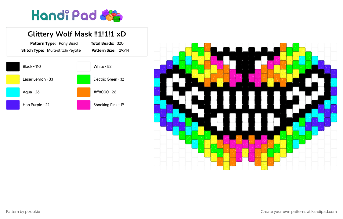 Glittery Wolf Mask !!1!1!1 xD - Pony Bead Pattern by pizookie on Kandi Pad - colorful, cotdwolves, emo, green, light blue, neon, orange, rainbow, scene, scene kid, scenecore, yellow