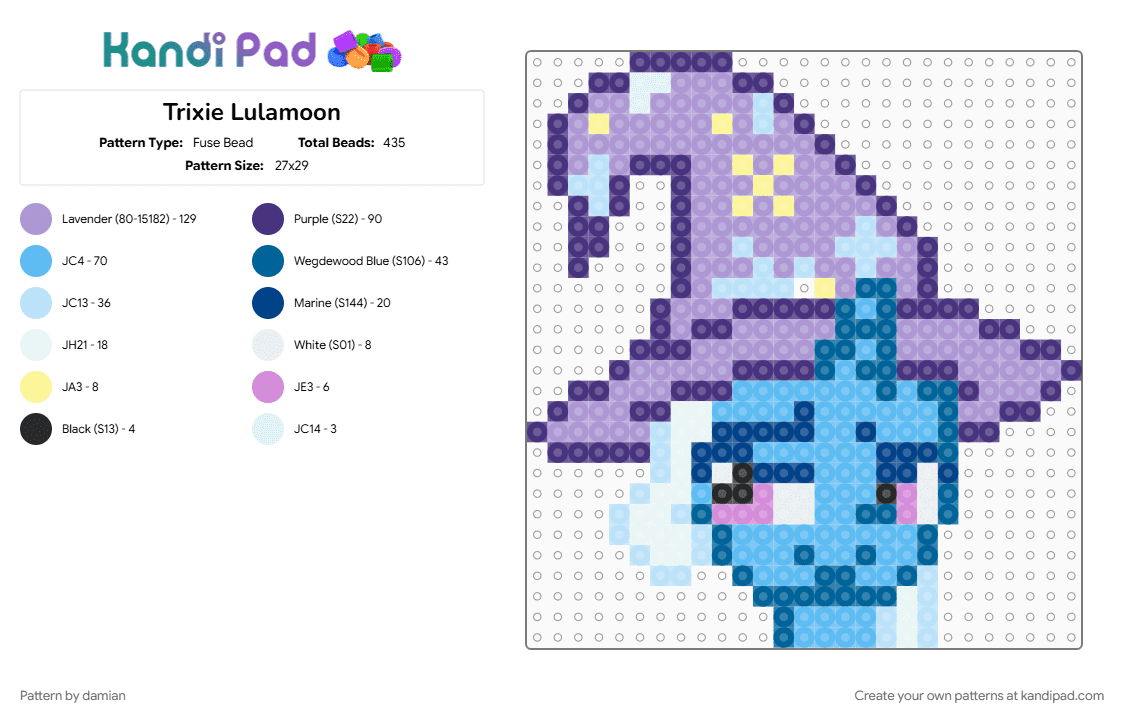 Trixie Lulamoon - Fuse Bead Pattern by damian on Kandi Pad - fim, light blue, mlp, my little pony, pink, purple, trixie lulamoon
