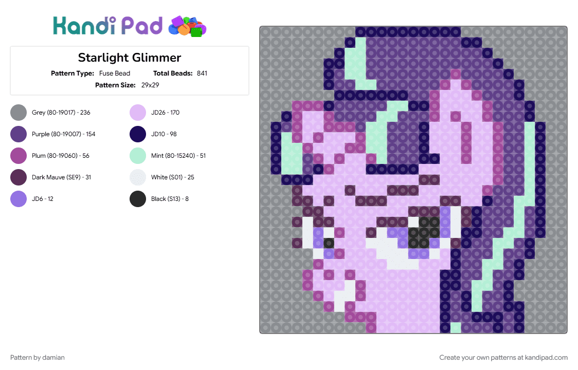 Starlight Glimmer - Fuse Bead Pattern by damian on Kandi Pad - fim, gray, mlp, my little pony, pink, purple, starlight glimmer