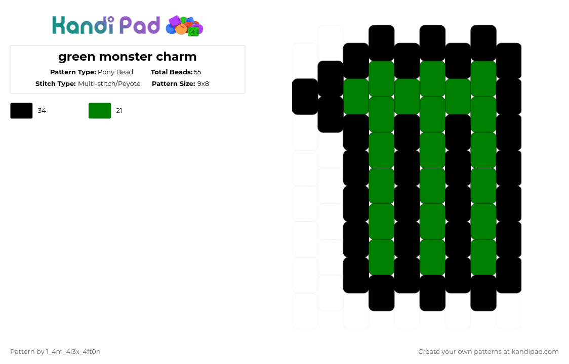 green monster charm - Pony Bead Pattern by deleted_user_667422 on Kandi Pad - black,green