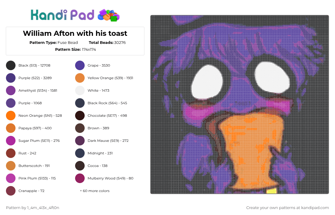 William Afton with his toast - Fuse Bead Pattern by deleted_user_667422 on Kandi Pad - black,purple,pink,orange