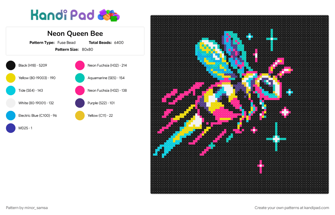 Neon Queen Bee - Fuse Bead Pattern by minor_samsa on Kandi Pad - bee, black, bug, colorful, cotdbugs, insect, light blue, neon, pink, queen bee, yellow