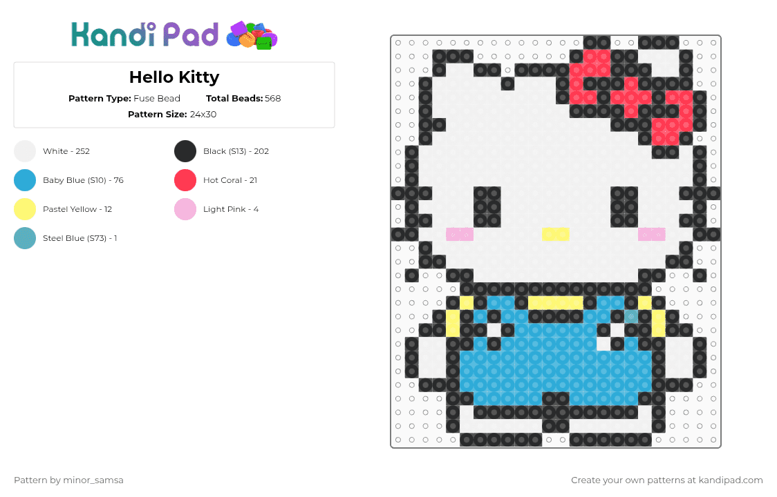 Hello Kitty - Fuse Bead Pattern by minor_samsa on Kandi Pad - white,light blue