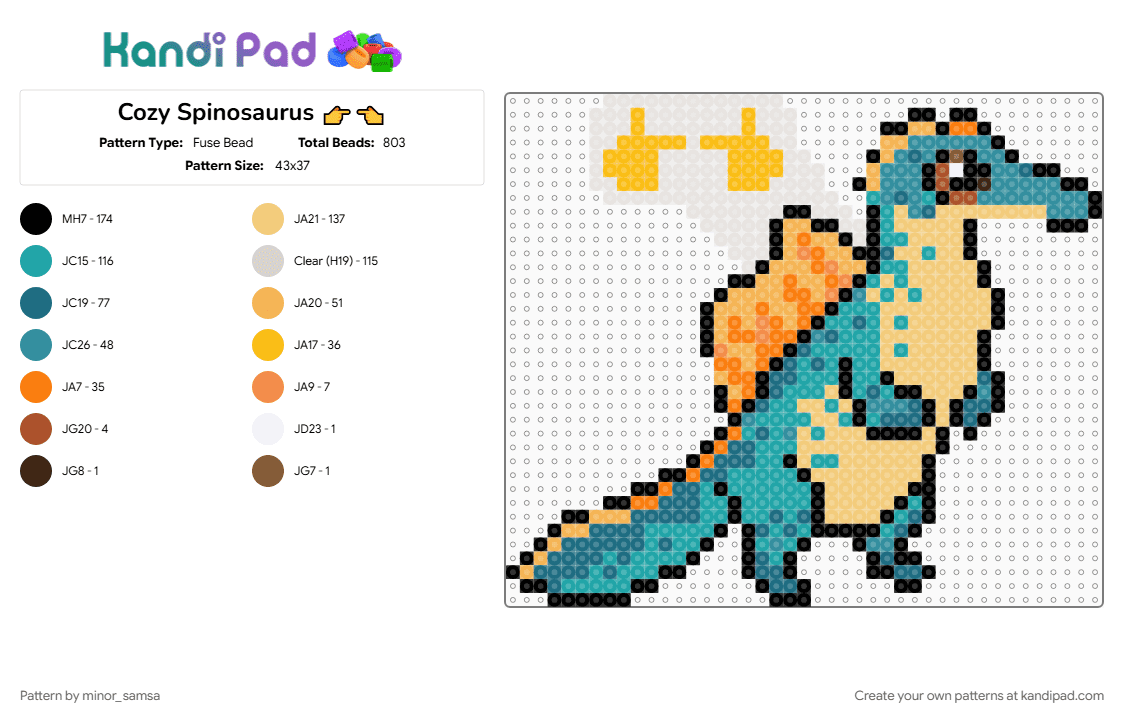 Cozy Spinosaurus 👉👈 - Fuse Bead Pattern by minor_samsa on Kandi Pad - colorful, cozy, cute, dinosaur, meme, orange, spinosaurus, teal, yellow
