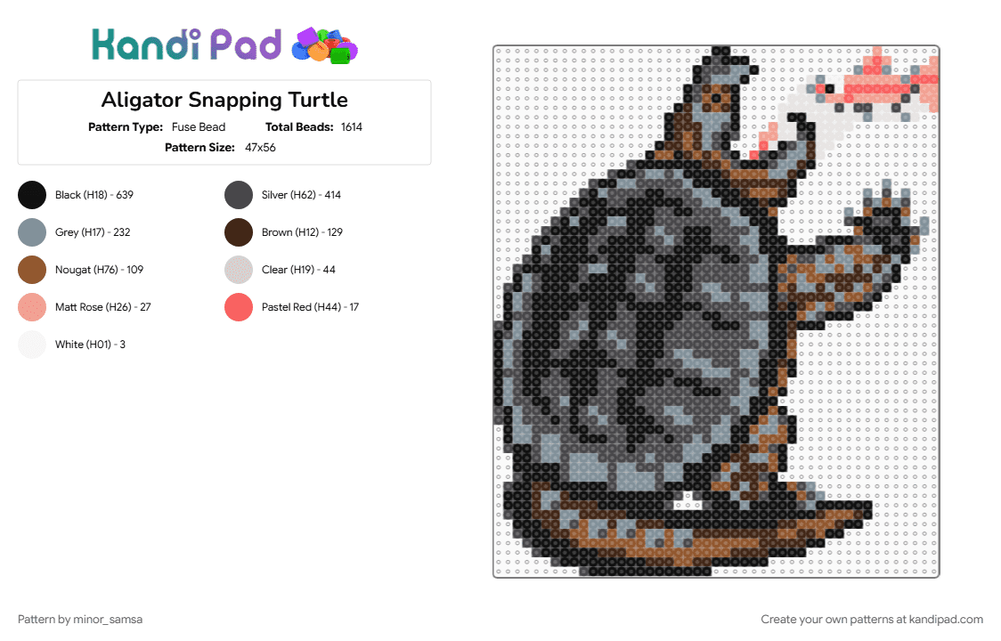 Alligator Snapping Turtle - Fuse Bead Pattern by minor_samsa on Kandi Pad - alligator, animal, aquatic, aquatic life, brown, figure, gray, river, tortoise, turtle