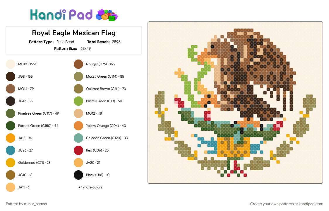 Royal Eagle Mexican Flag - Fuse Bead Pattern by minor_samsa on Kandi Pad - brown, cactus, colorful, cotdbirdsofprey, eagle, flag, gold, mexican, mexico, nation, snake, tan, white