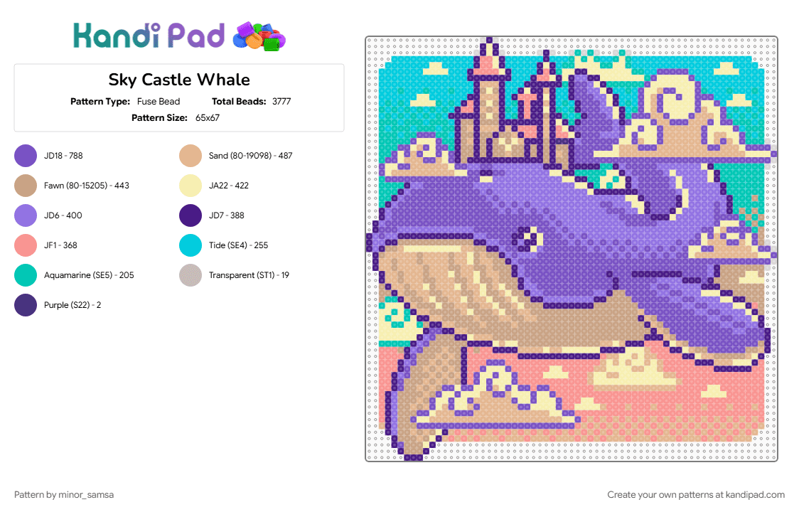Sky Castle Whale - Fuse Bead Pattern by minor_samsa on Kandi Pad - beige, castle, cozy, ocean, ocean life, purple, sea, sea creature, sky, whale