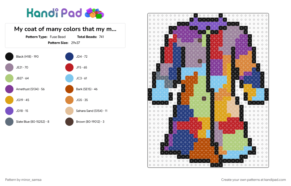 My coat of many colors that my mama made for me - Fuse Bead Pattern by minor_samsa on Kandi Pad - blue, coat, colorful, cotdfabric, country, dolly parton, music, orange, pink, rags, red, singer