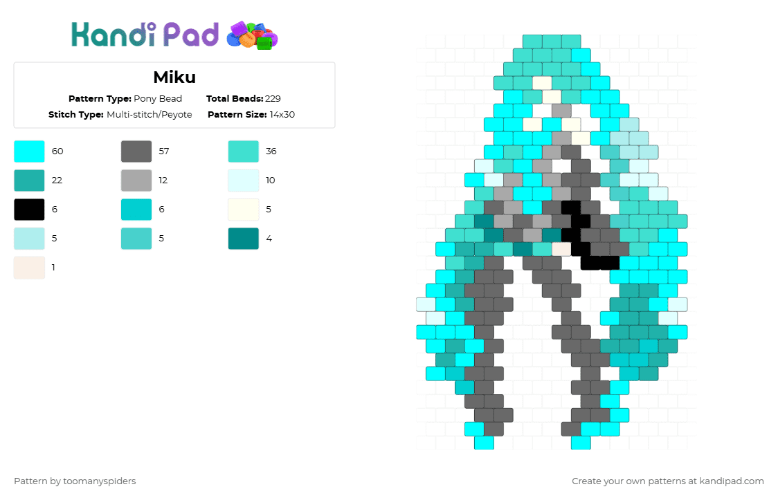 Miku - Pony Bead Pattern by toomanyspiders on Kandi Pad - light blue,gray,vocaloid,miku,hatsune miku,anime