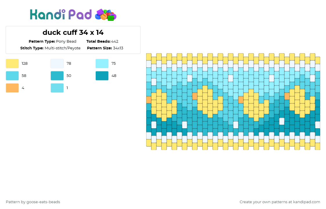 duck cuff 34 x 14 - Pony Bead Pattern by goose-eats-beads on Kandi Pad - yellow,light blue,duck,cuff,bird,ponybead,teal,blue,simple