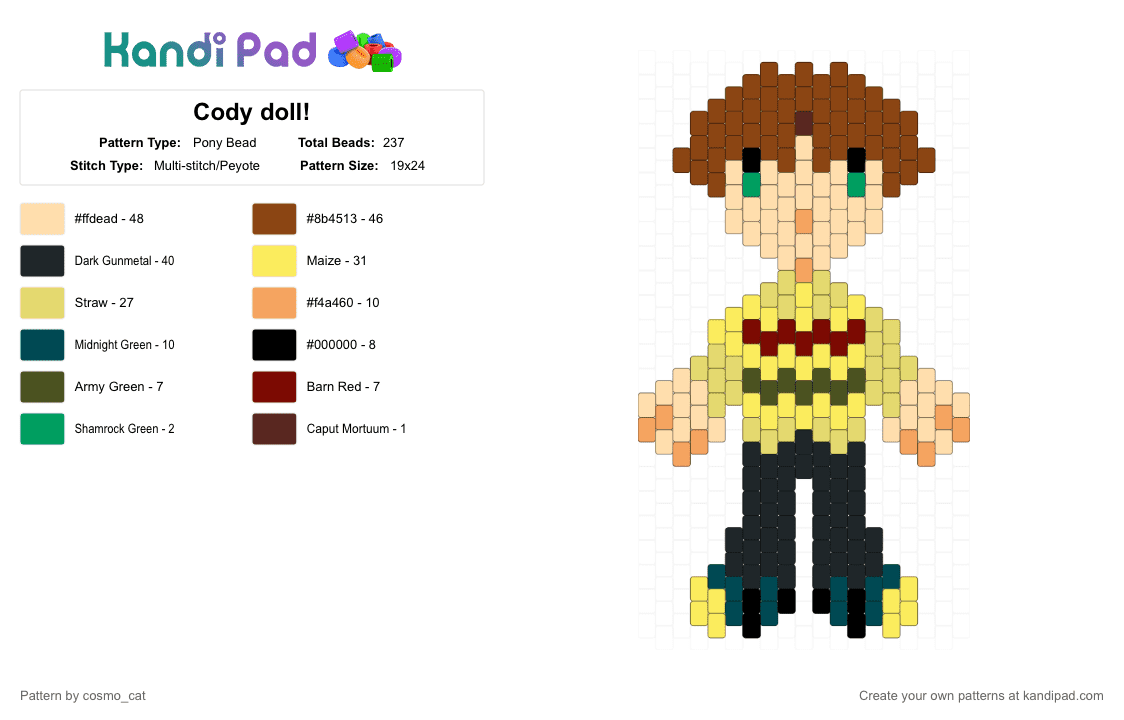 Cody doll! - Pony Bead Pattern by cosmo_cat on Kandi Pad - beige, doll, red, tdi, totaldrama, totaldramaisland, yellow