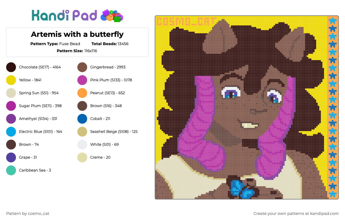 Artemis with a butterfly - Fuse Bead Pattern by cosmo_cat on Kandi Pad - brown,tan,pink,yellow,art,oc,original character