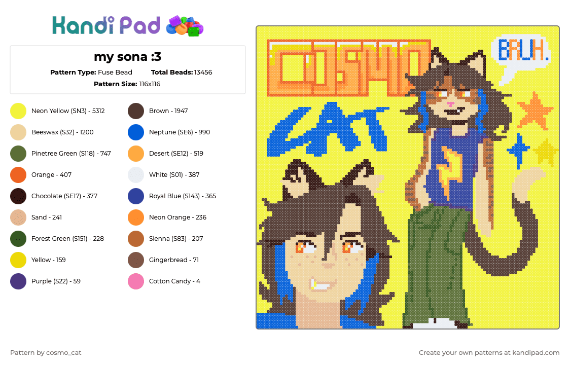 my sona :3 - Fuse Bead Pattern by cosmo_cat on Kandi Pad - beige,brown,yellow,art,oc,original character