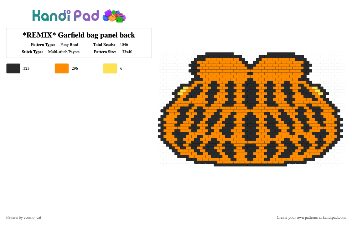 *REMIX* Garfield bag panel back - Pony Bead Pattern by cosmo_cat on Kandi Pad - bag, cartoon, character, garfield, orange, panel, remix