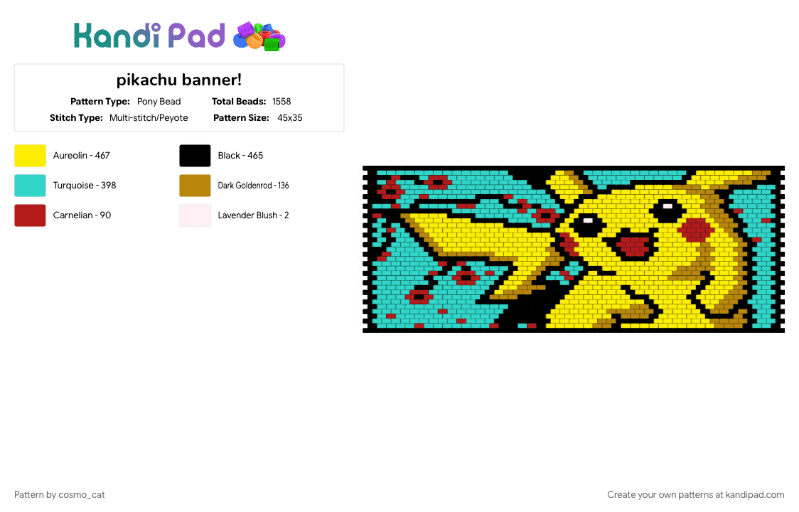 pikachu banner! - Pony Bead Pattern by cosmo_cat on Kandi Pad - anime, banner, decoration, gaming, panel, pikachu, pokemon, teal, yellow