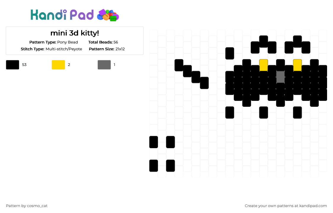 mini 3d kitty! - Pony Bead Pattern by cosmo_cat on Kandi Pad - 3d, animal, black, cute, frog, gray, yellow