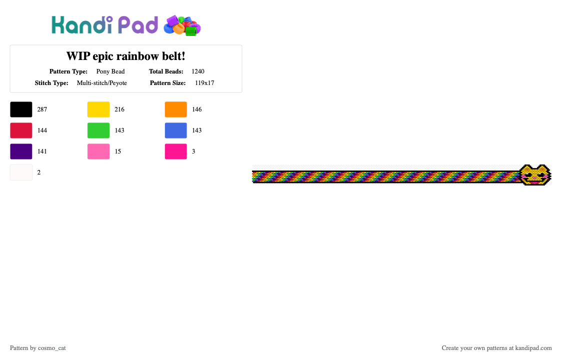 WIP epic rainbow belt! - Pony Bead Pattern by cosmo_cat on Kandi Pad - yellow,orange,blue,colorful,belt,rainbow,epic,scene,cat