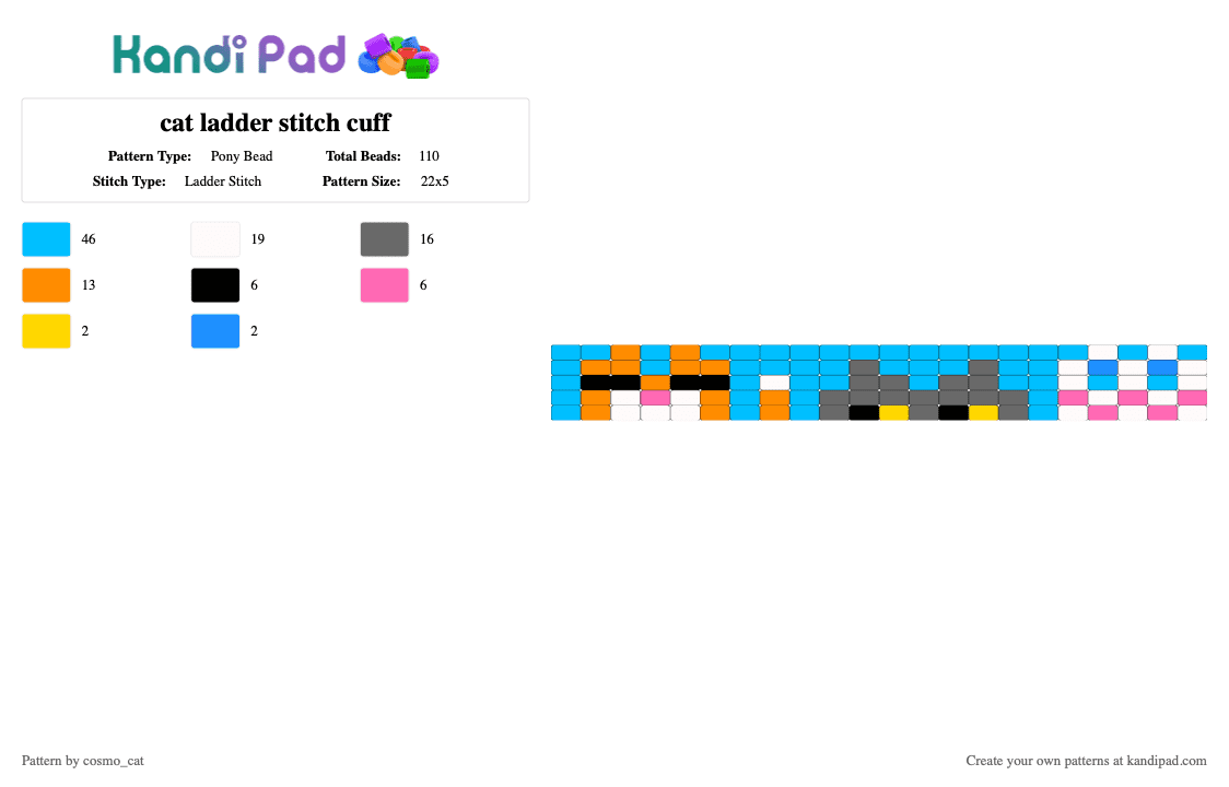 cat ladder stitch cuff - Pony Bead Pattern by cosmo_cat on Kandi Pad - cats, cuff, cute, gray, ladder stitch, light blue, pets
