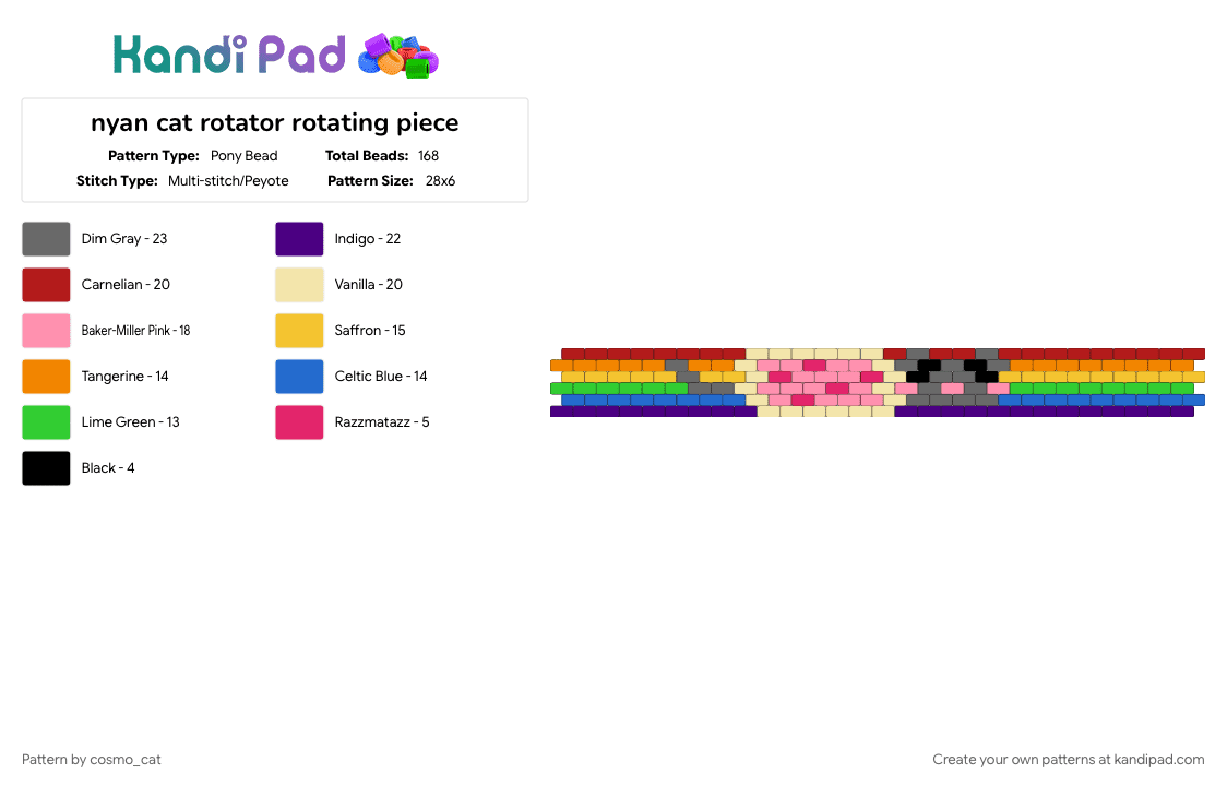 nyan cat rotator rotating piece - Pony Bead Pattern by cosmo_cat on Kandi Pad - cat, character, nyan cat, pink, purple, rainbow, red, rotator, rotator cuff, yellow
