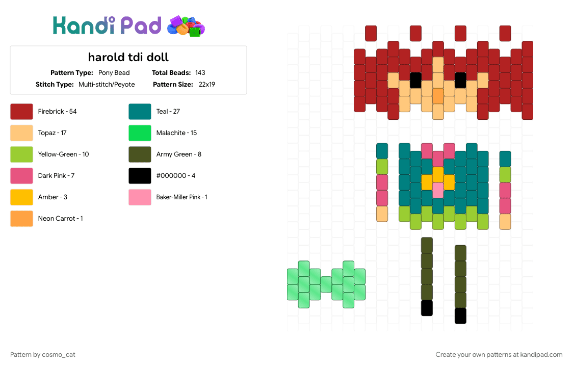 harold tdi doll - Pony Bead Pattern by cosmo_cat on Kandi Pad - 3d doll, character, doll, orange, red, tdi, teal, total drama
