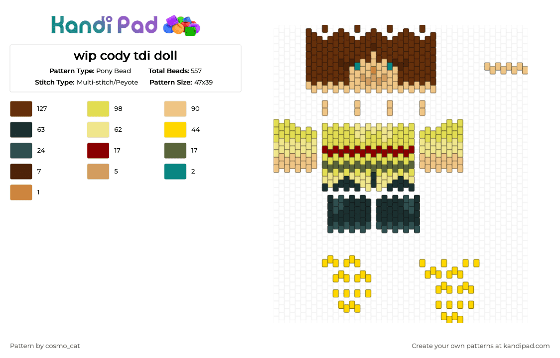 wip cody tdi doll - Pony Bead Pattern by cosmo_cat on Kandi Pad - beige, brown, doll, tdi, total drama, total drama island cody, totaldrama, yellow