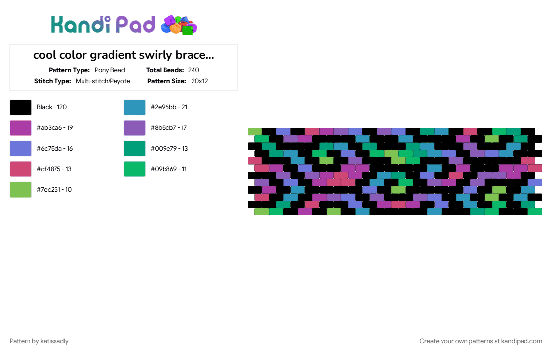 cool color gradient swirly bracelet 2 - Pony Bead Pattern by katissadly on Kandi Pad - black, bracelet, green, light blue, pink