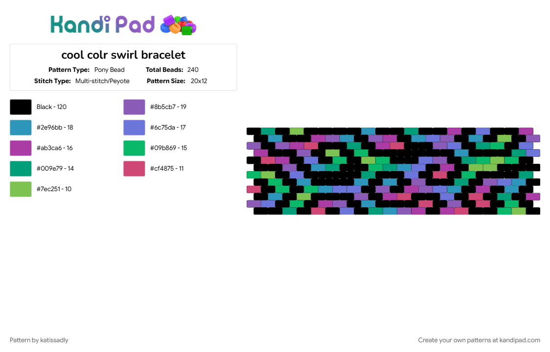 cool colr swirl bracelet - Pony Bead Pattern by katissadly on Kandi Pad - black, green, pink, purple