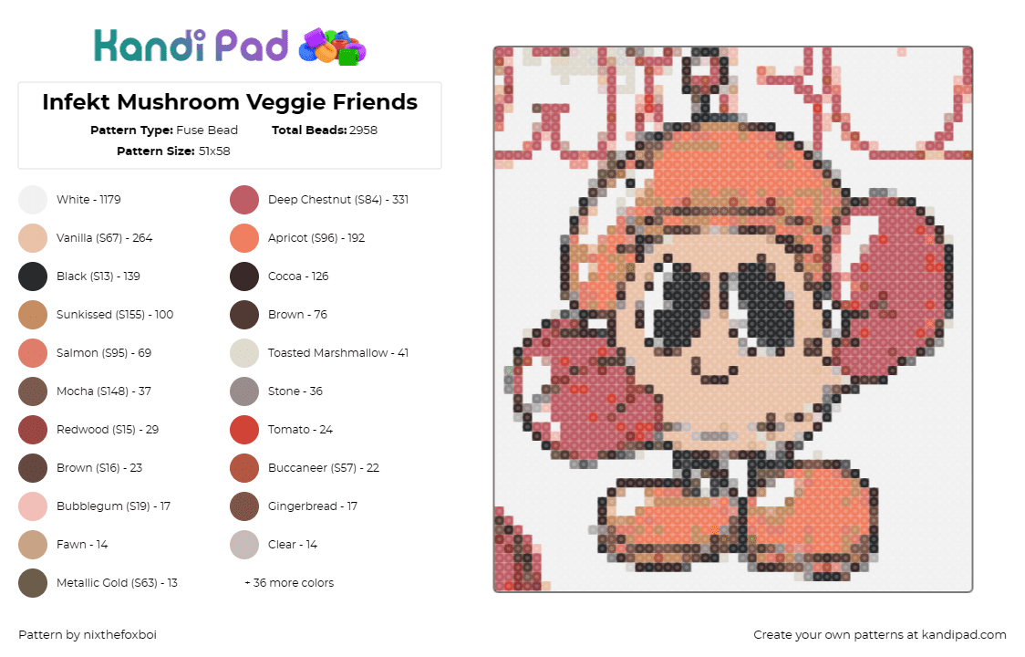 Infekt Mushroom Veggie Friends - Fuse Bead Pattern by nixthefoxboi on Kandi Pad - infekt,veggie friends,boxer,mushroom,dj,dubstep,music,edm,character,tan,red