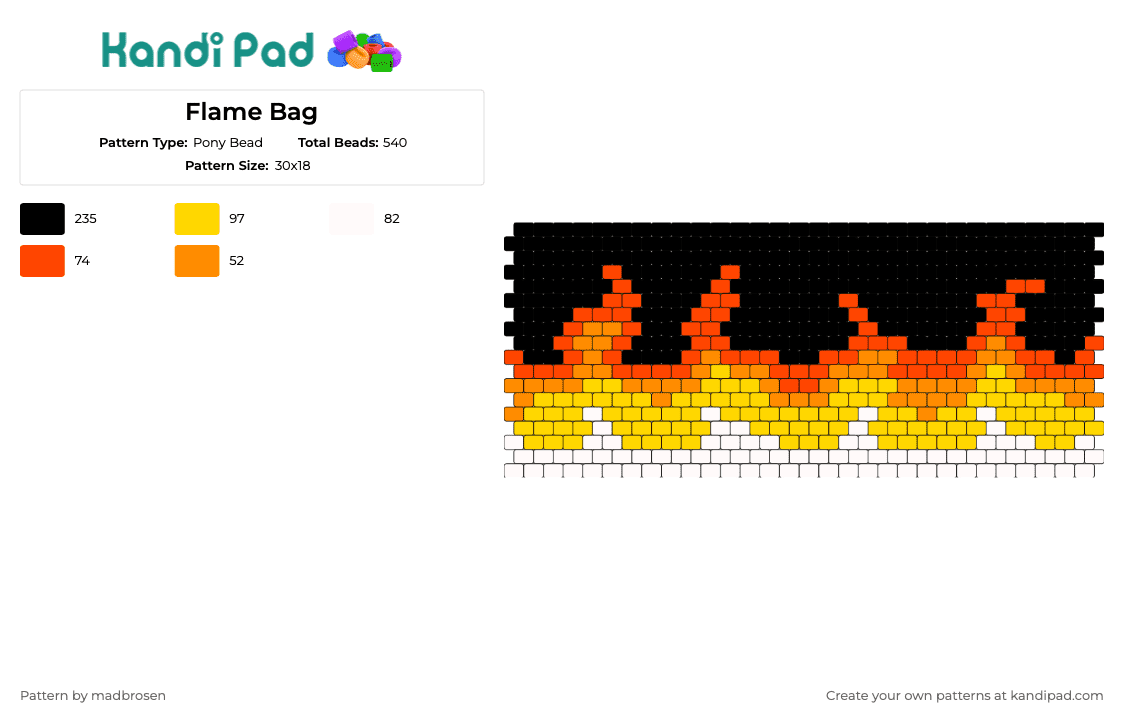 Flame Bag - Pony Bead Pattern by madbrosen on Kandi Pad - flames,fire,heat,warm,vibrant,red,orange,yellow,white,black