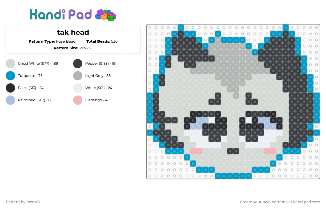 tak head - Fuse Bead Pattern by razorx3 on Kandi Pad - white,light blue,beige,furry,fursona,opossum