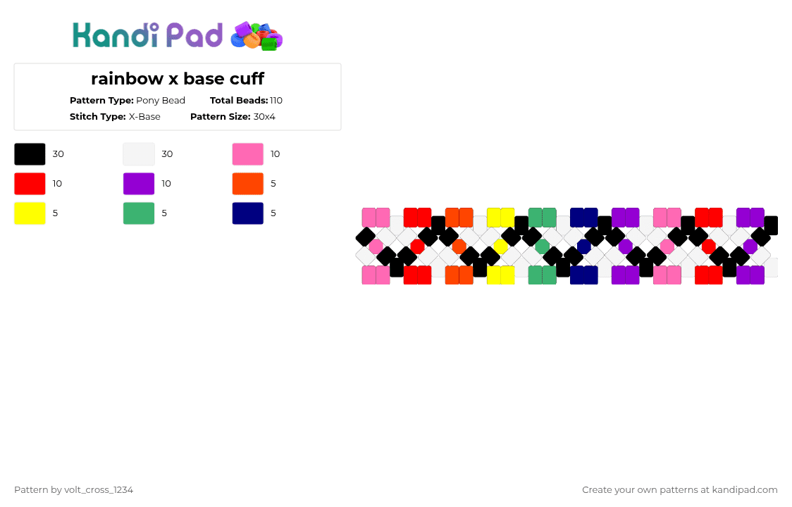 rainbow, black and white x base cuff - Pony Bead Pattern by deleted_user_610074 on Kandi Pad - pink,red,purple