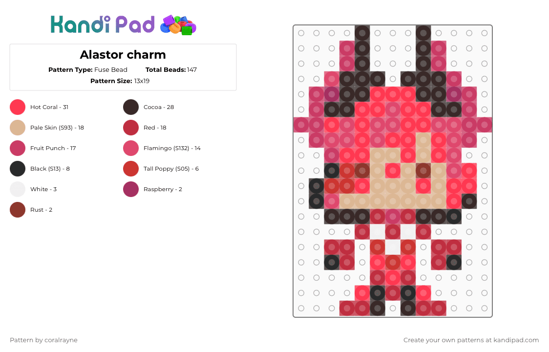 Alastor charm - Fuse Bead Pattern by coralrayne on Kandi Pad - red,alastor,hazbin hotel,hh alastor,radio demon