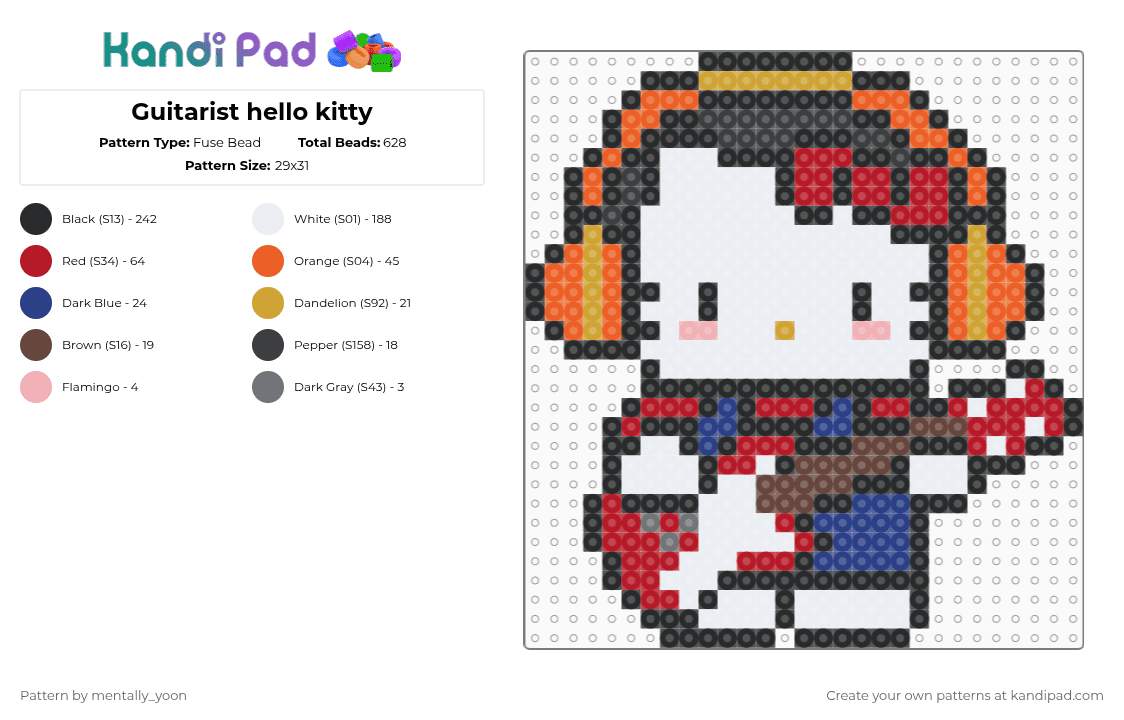 Guitarist hello kitty - Fuse Bead Pattern by mentally_yoon on Kandi Pad - white,red,orange