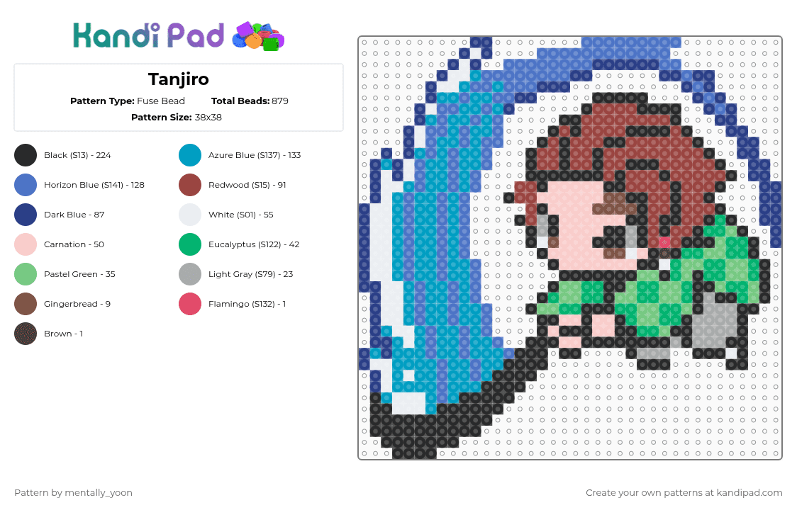 Tanjiro - Fuse Bead Pattern by mentally_yoon on Kandi Pad - blue,light blue,red