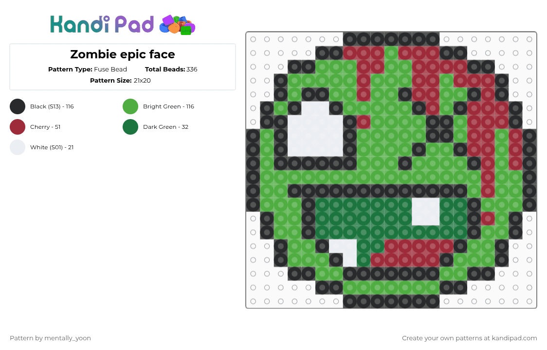 Zombie epic face - Fuse Bead Pattern by mentally_yoon on Kandi Pad - green