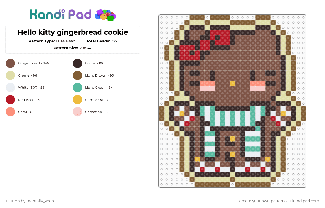 Hello kitty gingerbread cookie - Fuse Bead Pattern by mentally_yoon on Kandi Pad - tan,yellow,brown